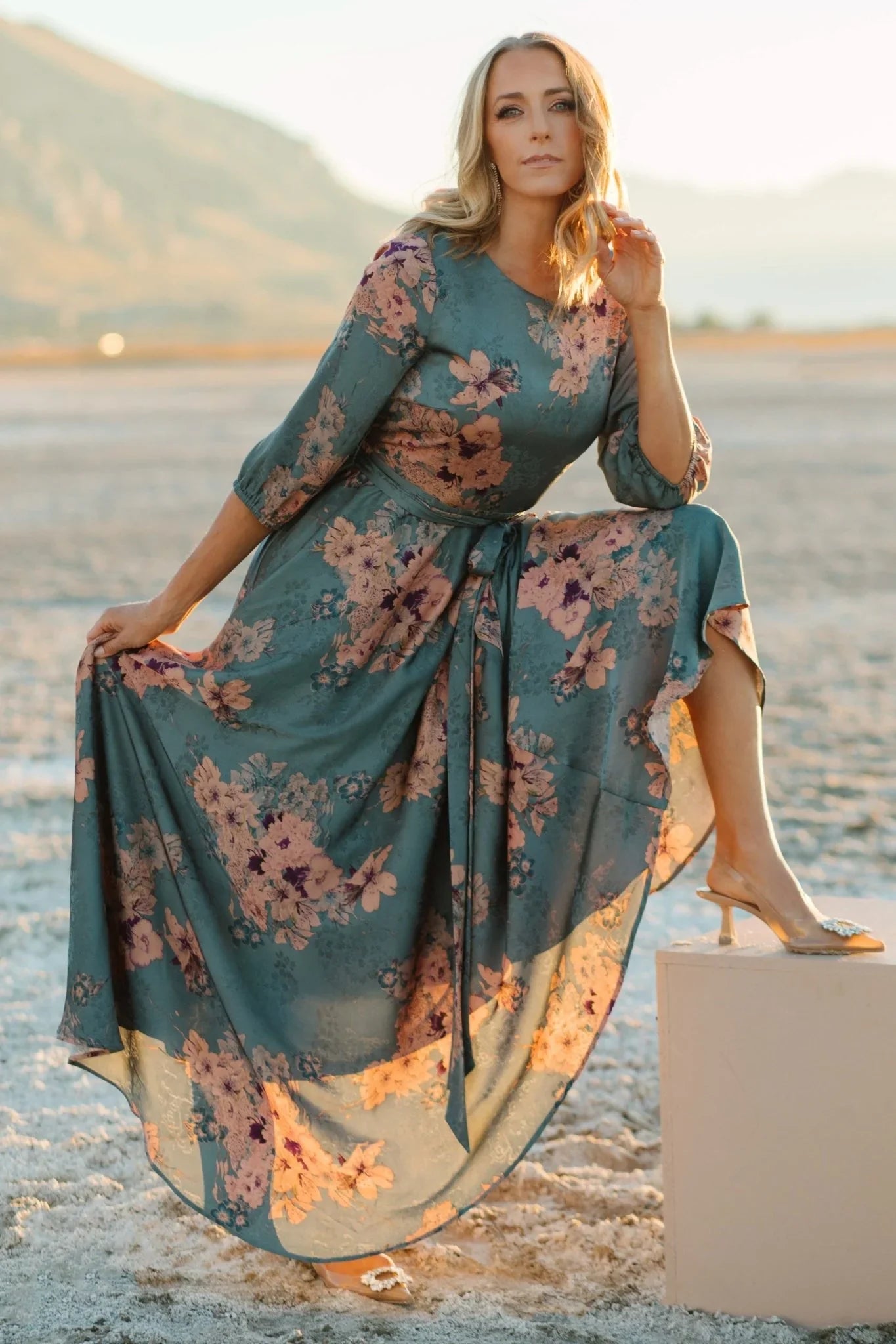 Paula Satin Maxi Dress | Blue + Pink Multi