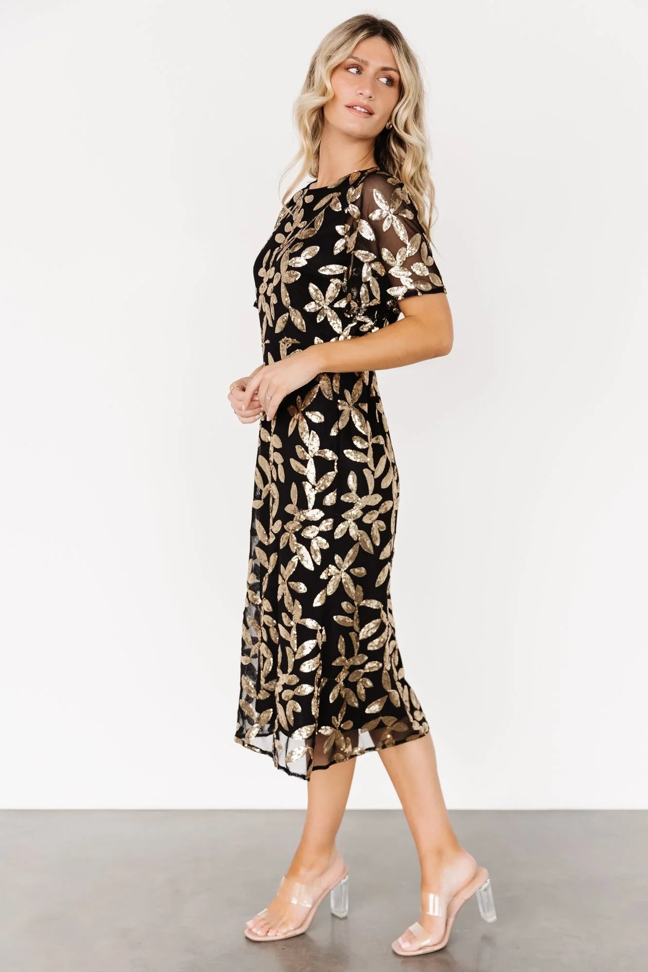 Deanna Sequin Midi Dress | Black + Gold