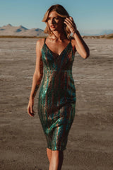 Michelle Sequin Midi Dress | Green Multi