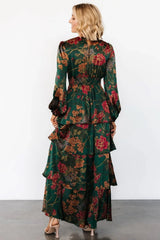 Montrouge Tiered Satin Dress | Emerald Floral
