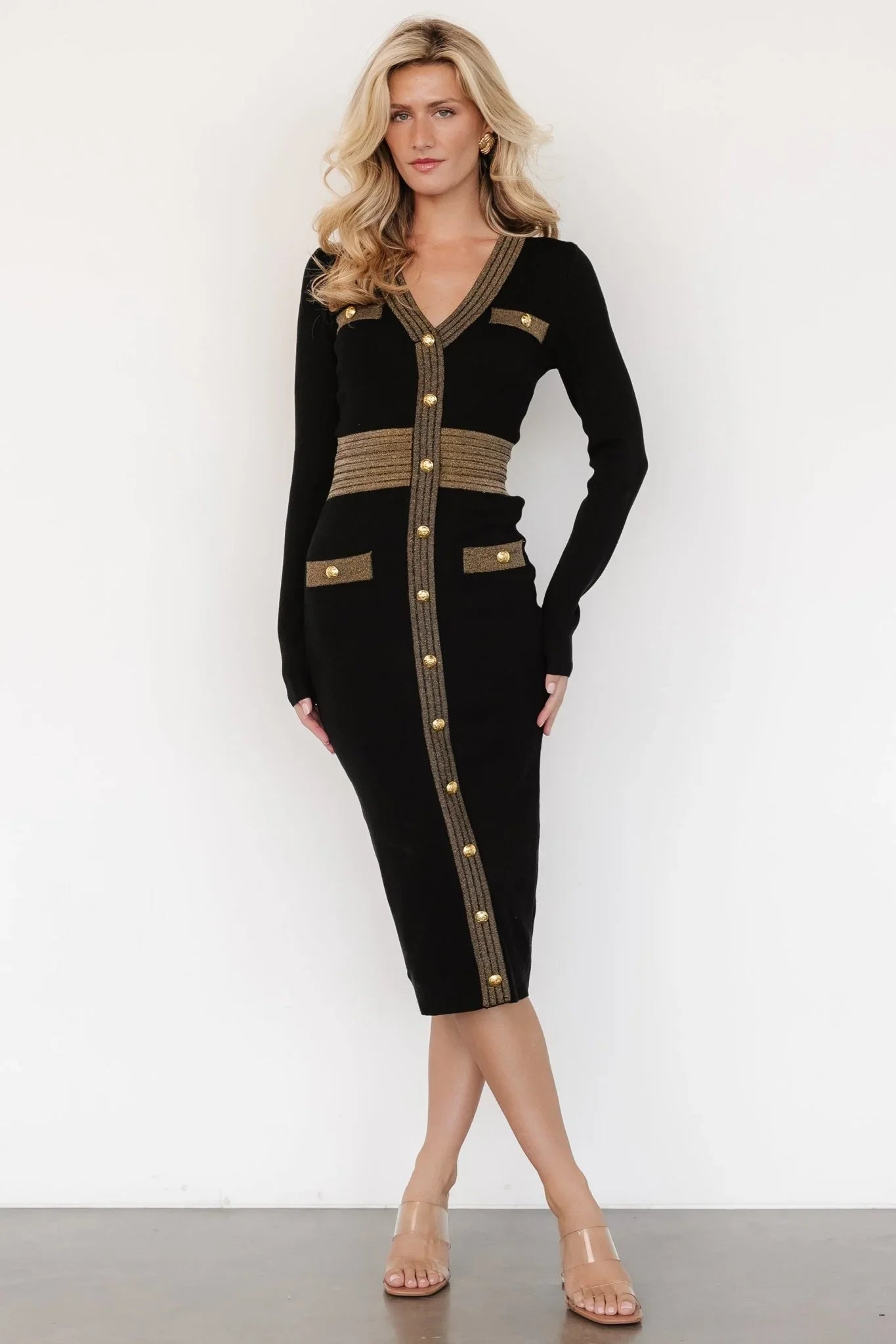 Birgitta Ribbed Sweater Dress | Black + Gold