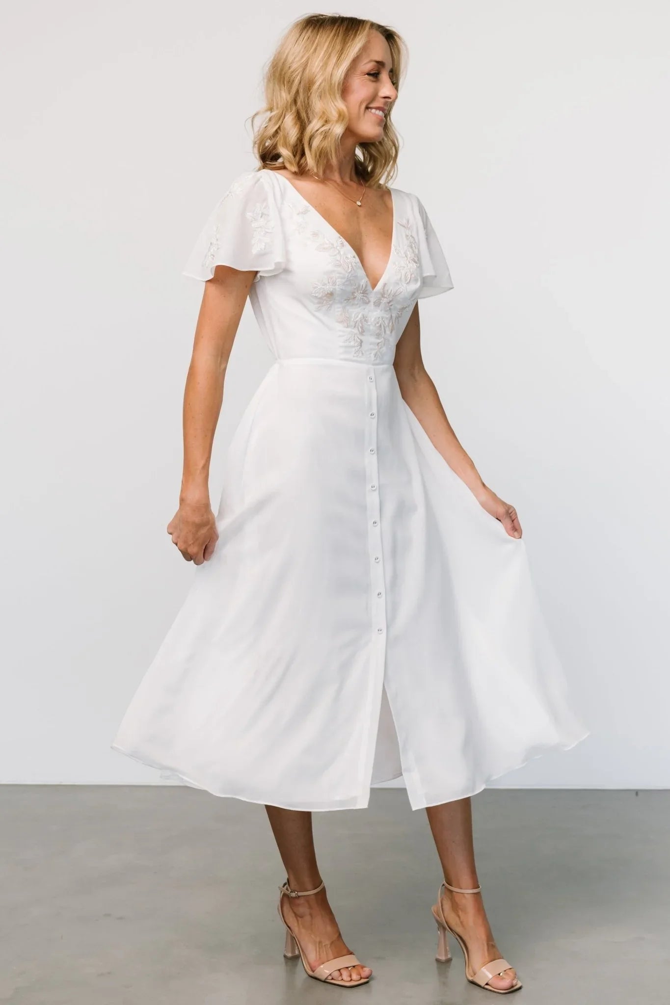 Swan Bead Embroidered Midi Dress | Off White