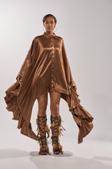 WONDERLUST SATIN LONG SLEEVE MINI DRESS IN BROWN