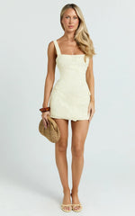 Sienna Mini Dress - Square Neck Floral Embroidered A Line Dress in Lemon